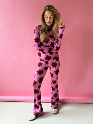 Elin bruin/roze sun print flared broek