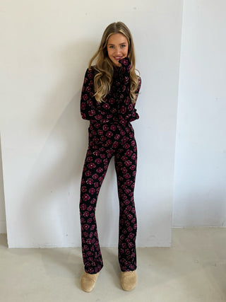 Elin bordeaux/roze bloemenprint flared broek